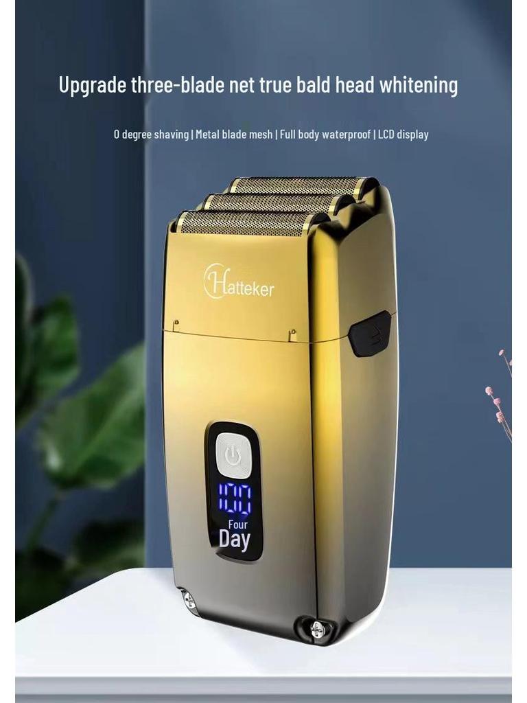 White Electric Three-Blade Mesh Head Shaver - Waterproof Clipper for Balding and Hair Trimming