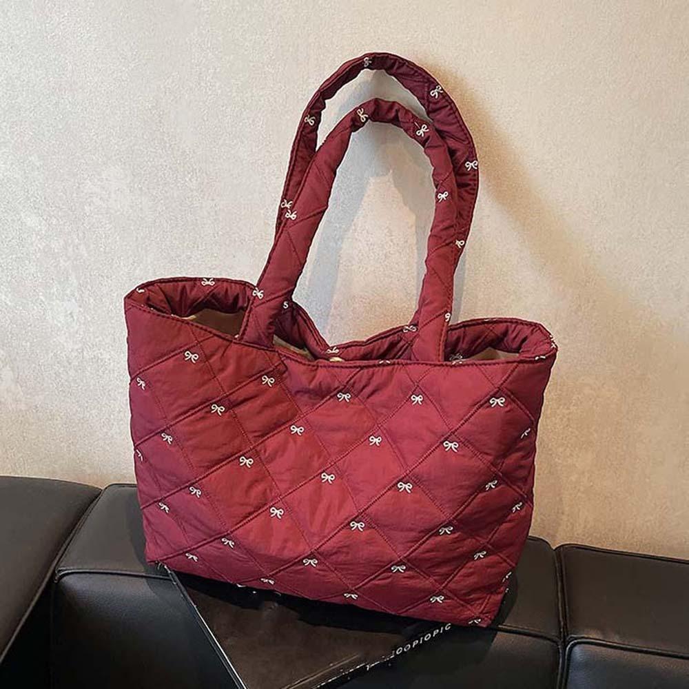 Versatile Quilted Tote Bag Sweet Bubble Shoulder Bag Cloth Bag Rhombus Plaid Handbag  Women