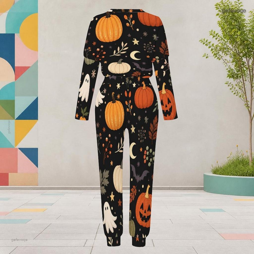 Women Plus Size Round Neck Long Sleeve Dachshund Halloween Printed Cuffed Two Piece Pants Set With Pockets