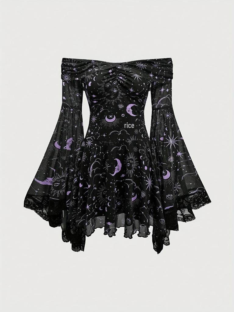 Gothic Star Moon Off-Shoulder Bell Sleeve A-Line Dress