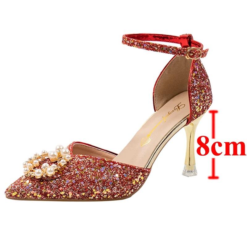 Модные новые туфли на тонком каблуке с блестками женские модные туфли на высоком каблуке с жемчужной пряжкой женские туфли с острым носком и ремешком на щиколотке для свадебной вечеринки 34 3113₽