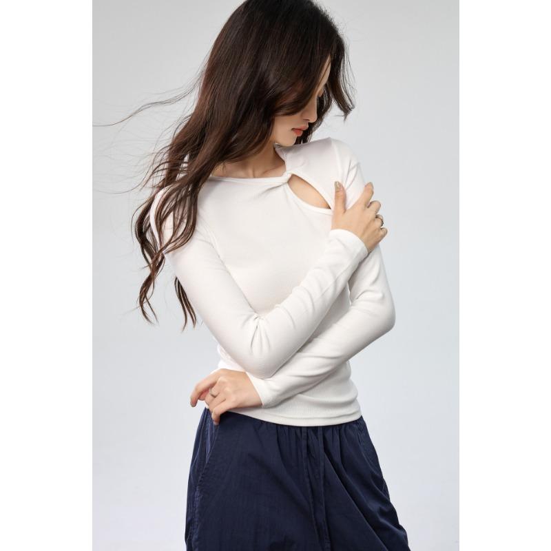Frühling Herbst Einfarbig Ausgehöhltes Unterteil Damen Langarm Slim Knoten Pullover T-Shirt Temperament Top