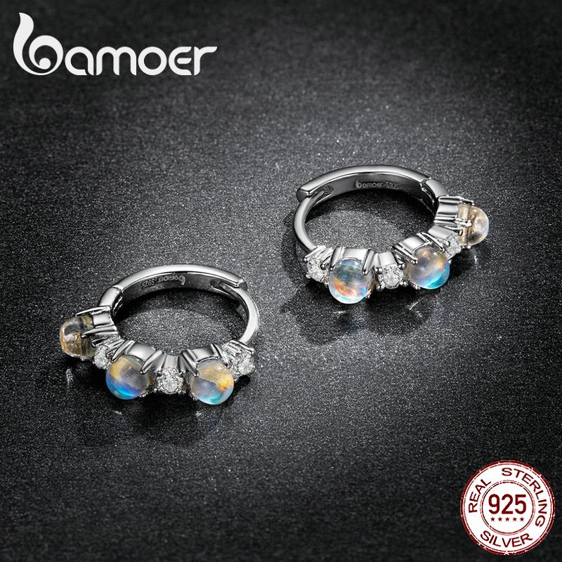 BAMOER 925 Sterling Silver Elegant Three Shiny Moonstone Earrings for Women Fine Jewelry