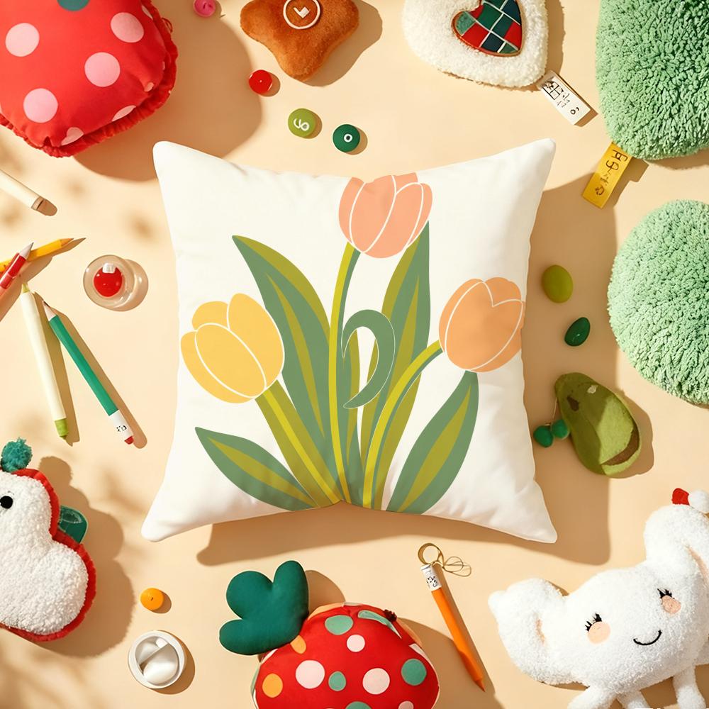 Tulip Flower Cushion Cover Soft Short Plush DoubleSided Printing Home Decor Machine Washable Pillow Case Gift