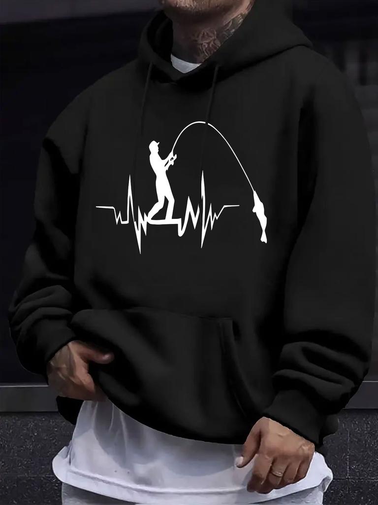 American/European Style Unisex Autumn/Winter Printed Hoodie Long-Sleeve Sweatshirt, Fishing Silhouette ECG Print Hoodie Sweatshirt, Outdoor Casual Sty