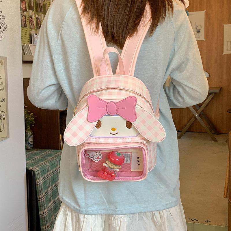 Sweet plaid backpack two-dimensional transparent pain bag cute cotton doll girl going out portable backpack