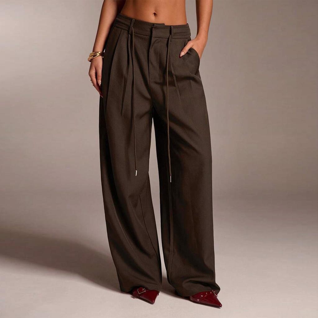 Women's Ffashionable Color Pocket Tie Loose Casual Suit Pants Commuting Straight Leg Casual Pants