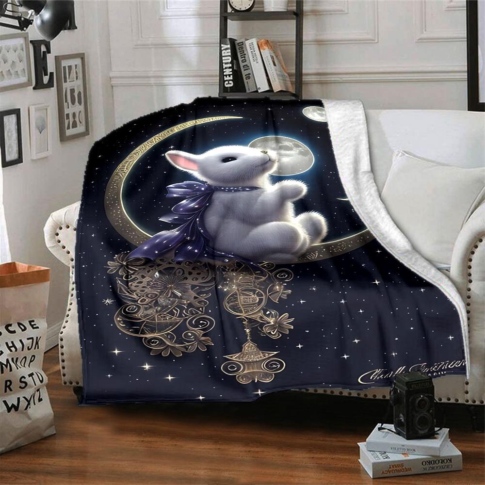 1pc rabbit moon blanket Lightweight Flannel Throw for Sofa Bed Travel Camping Livingroom Office Couch Chair