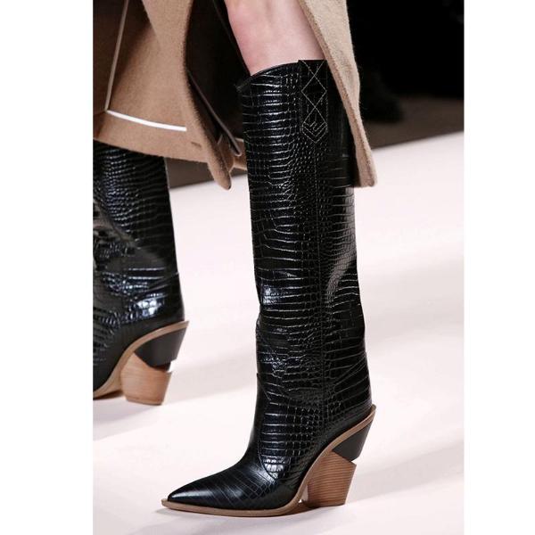 Leather women knee high boots pointed toe western cowboy boots women mid-calf chunky wedge boots