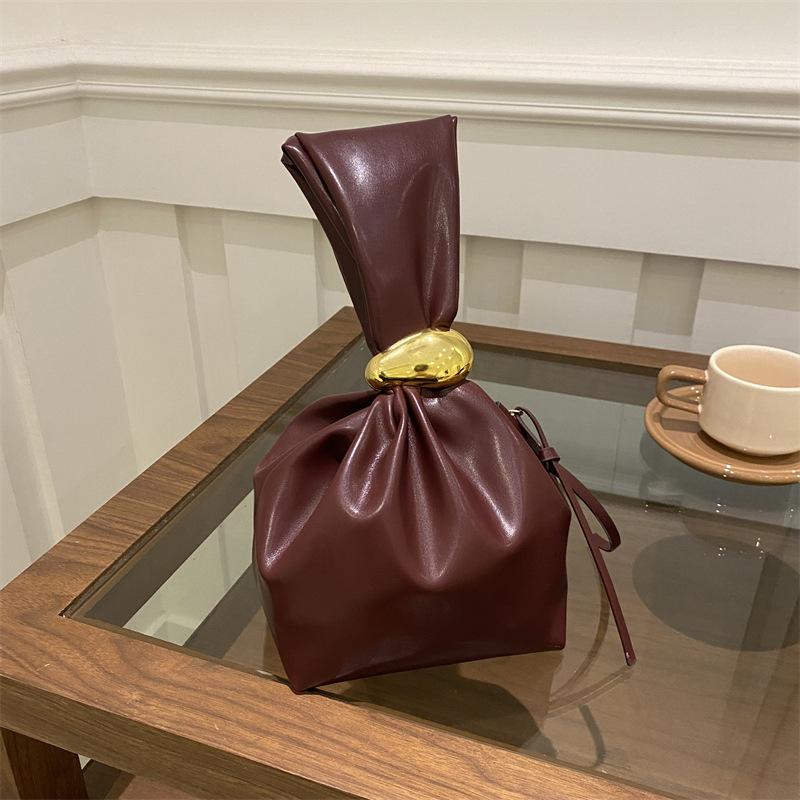 New Pleated Vintage Faux Leather Bucket Bag for Women Small Single Shoulder Wristlet Clutch