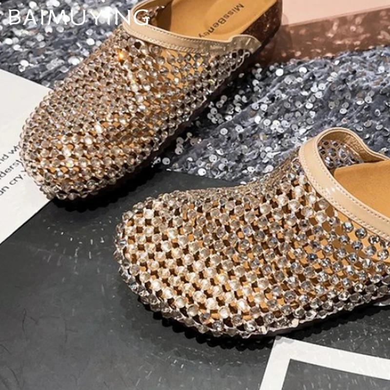 Fashion Crystal Women Flats Slippers Casual Fashion Mules Shoes Slingback Women's Sandals Summer 2025 New Trend Beach Woman Flip Flops