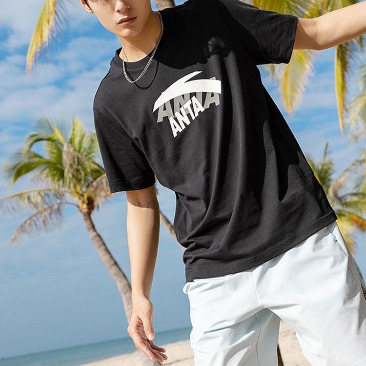 Anta Round Neck Logo Print Cotton T-Shirt Unisex Tops Black 952228155-3