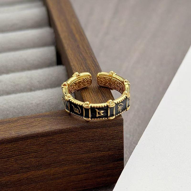 Personalized Six-Character Mantra Bow Enamel Drip Open Ring Niche Design Retro High-End Sense Stacked Ring