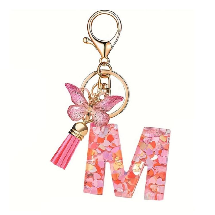 Fashionable Crystal Letter Keychain Sparkling Butterfly Tassels Charm Keyring Ornament for Women Girls Accessories