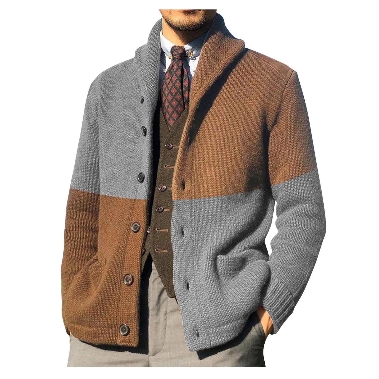 Кардиганы свитера для мужчин повседневная шаль с длинным рукавом цветные блоки трикотажные свитера на пуговицах M 3990₽