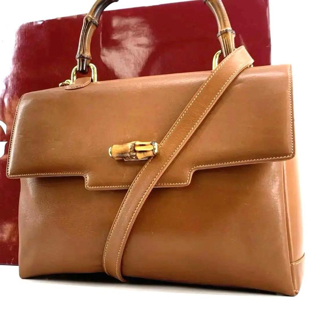 OLD GUCCI Bamboo 2way Handbag Shoulder Crossbody Bag Top-Handle Brown Gold Hardware Leather
