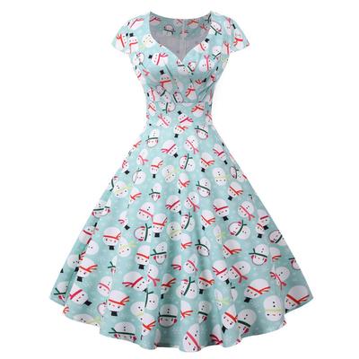 X Rochie de Crăciun: Stil Retro European și American pentru Femei cu Guler Pătrat și Mâneci Imprimate
