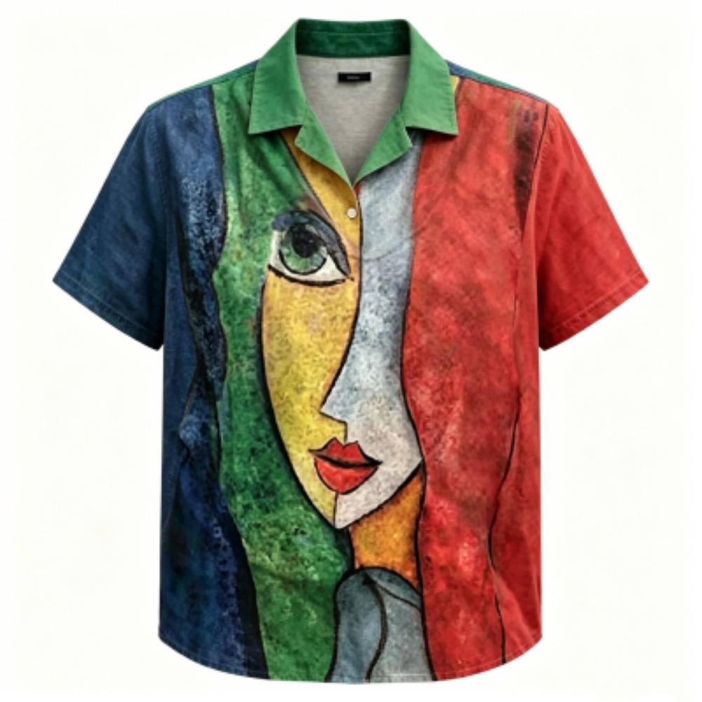 Summer Funny Abstract Face Printing Shirt Hawaiian Beach Vacation Clothing Women's Fashion Street Style Shirt Daily Men's and Women's Shirt