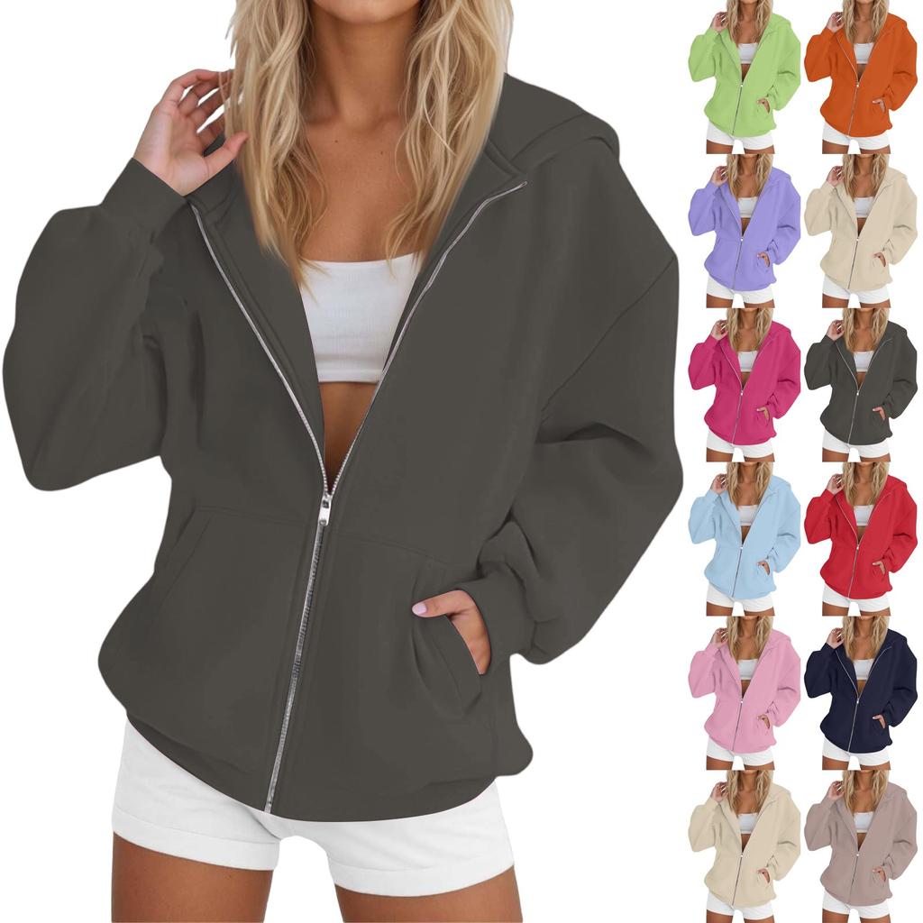 Women's Long Sleeve Solid Color Hooded Sweatshirt Jacket