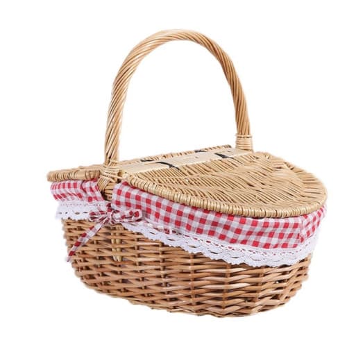

Country style wicker picnic basket with lid, handle and liner for picnics, parties and BBQs