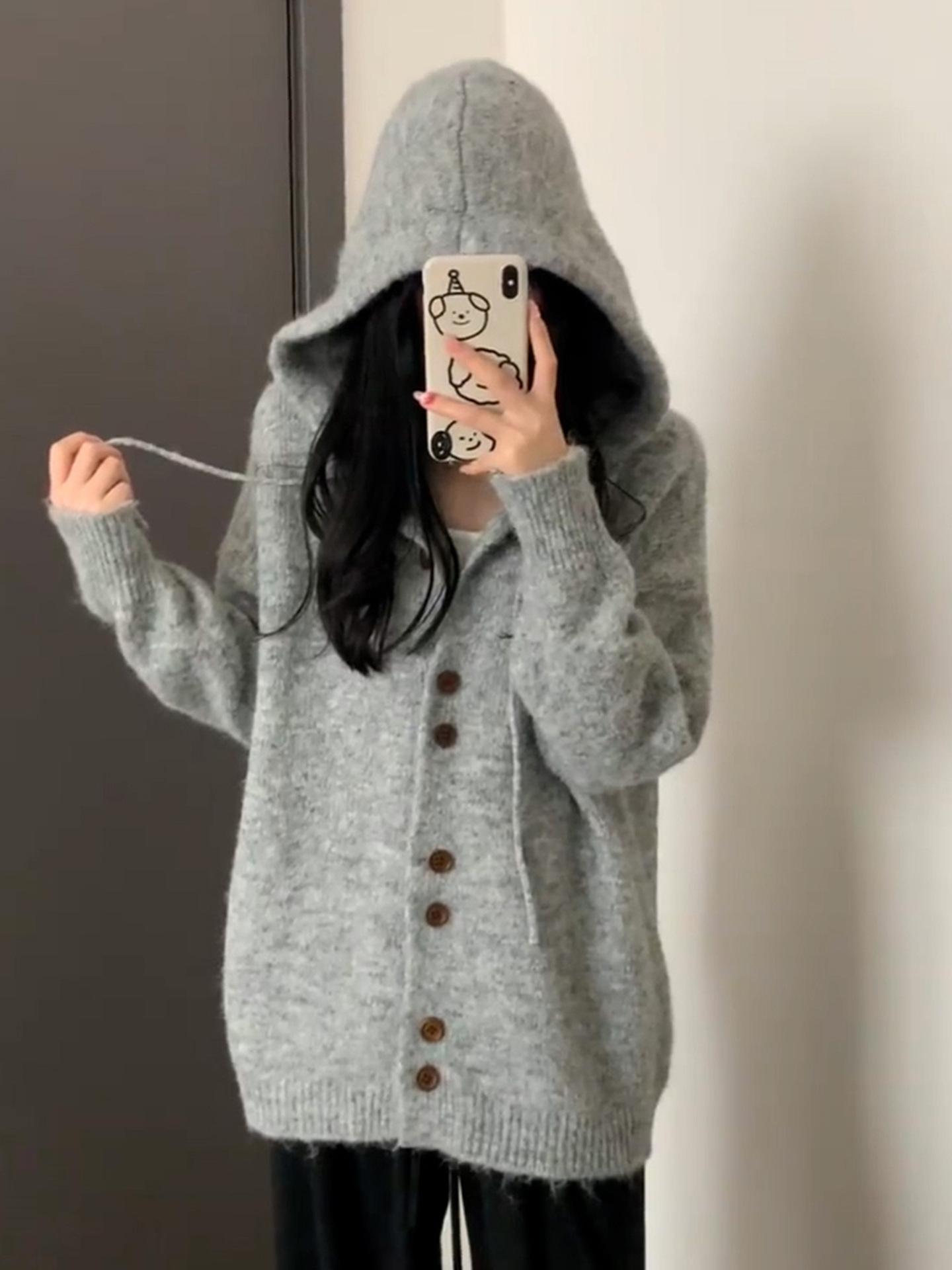 Утепленный худи, осенне-зимний, повседневный, ленивый, однобортный, с длинными рукавами, вязаный свитер, свободное и тонкое пальто, женский L серый