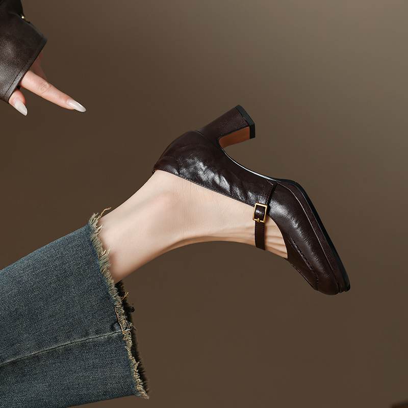 Krazing Pot Sheepskin Square Toe Size 40 High Heels Metal Buckle Decoration Fashion Gladiator Autumn Pumps