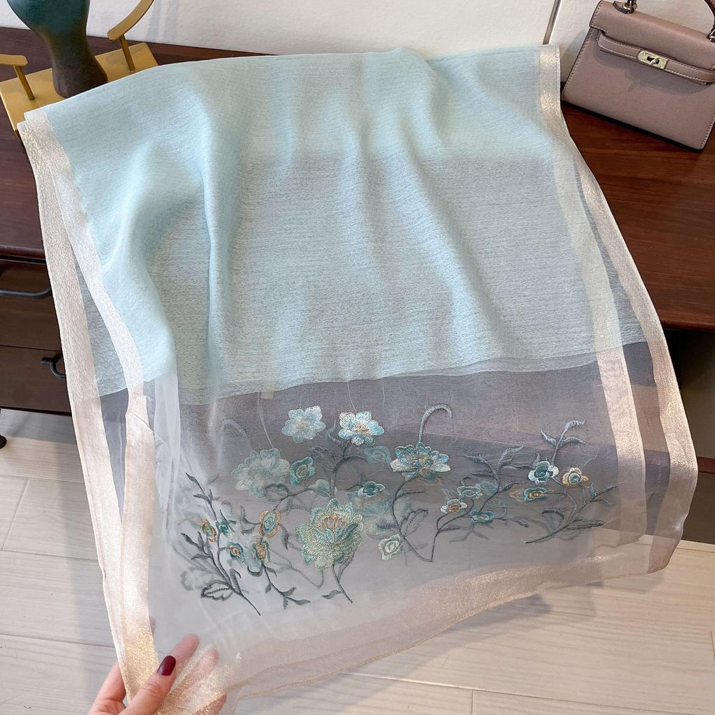 Imitation Silk Embroidered Long Silk Scarf for Women's Fashionable and Fashionable Mulberry Silk Sunscreen Scarf