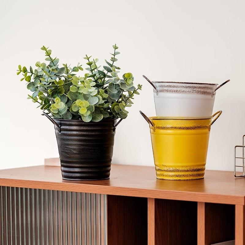 MOJY Vintage Metal Desktop Planter and Storage Bucket Set