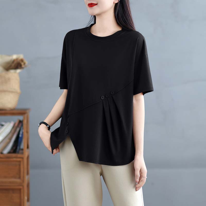 Dimanaf 2025 Summer Plus Size Tops Cotton O-Neck T-Shirt Solid Asymmetrical Women Short Sleeve Loose Tees