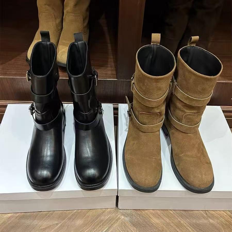 

Корейские осенние ботильоны 2025 года с круглым носком, квадратным каблуком и пряжкой для женщин 39 чёрный