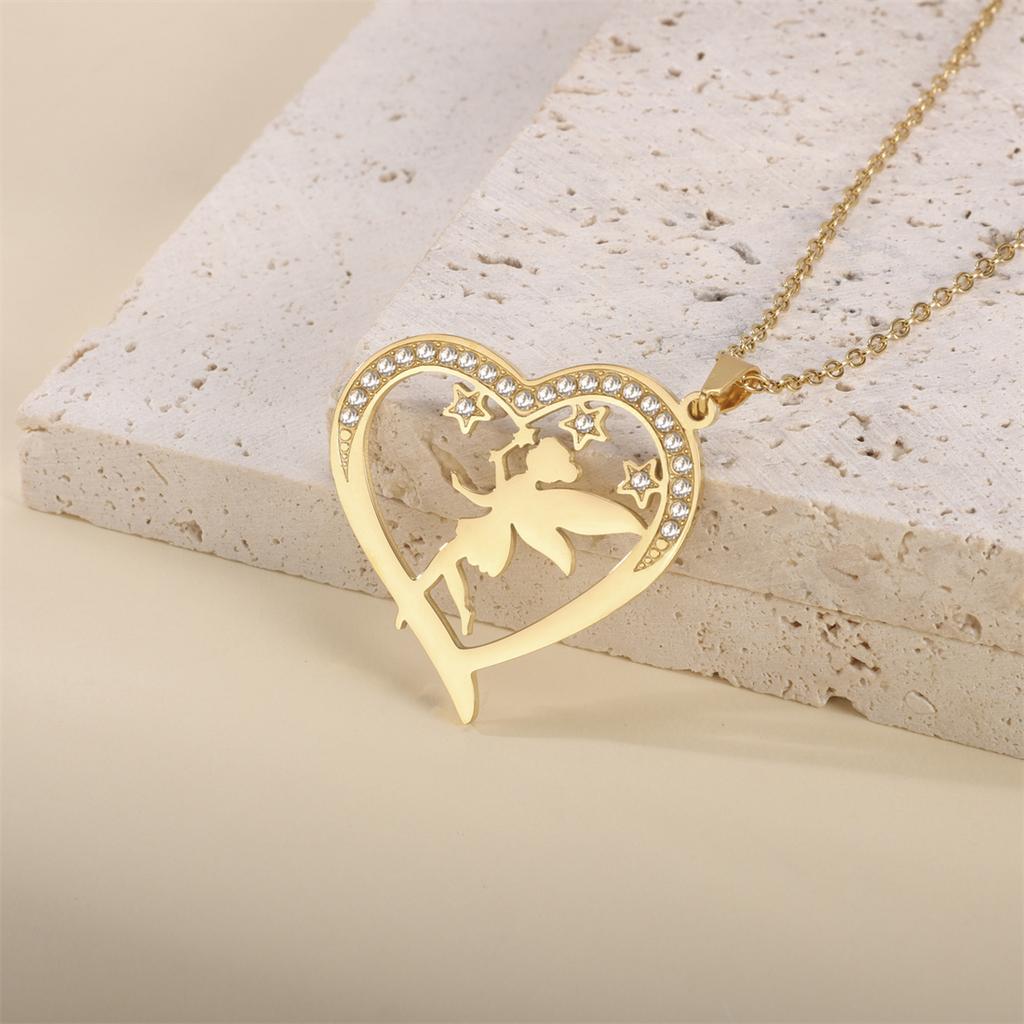 Heart Shaped Elves Fairy Pendant Necklace Stainless Steel Flower Angel Pixie Necklaces Rhinestones Birthday Jewelry Gift