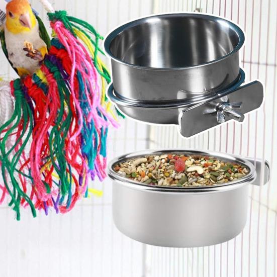 Bird Feeding Bowl Stainless Steel Cup with Clamp Parrot Feeder Birdcage Feeder Food Water Dish Pet