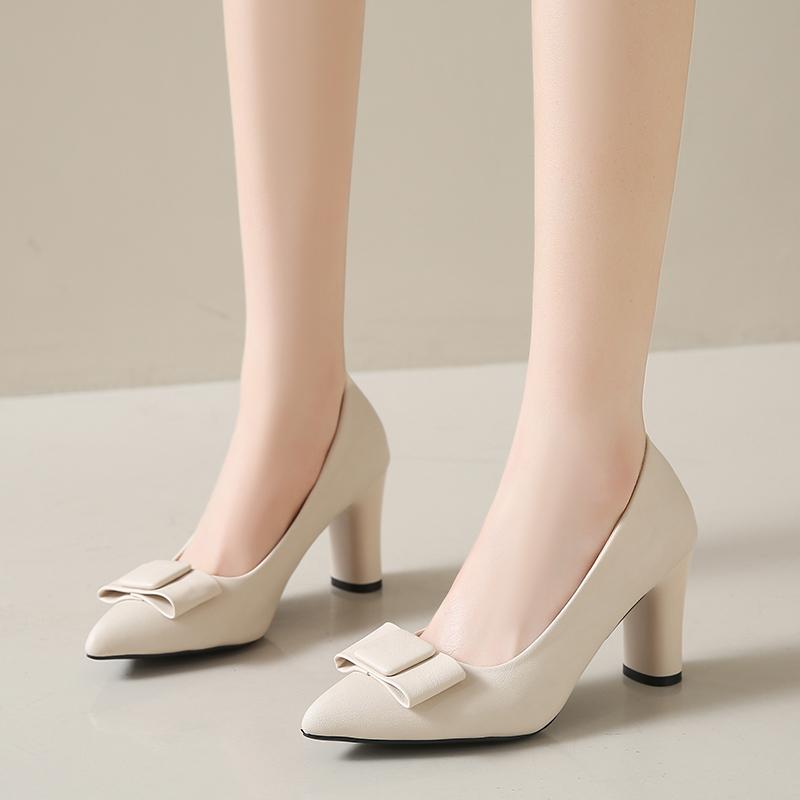 Fashion 2024 Spring Autumn New Fashionable Solid Color Pointed Bow Leather Surface Versatile Comfortable Large High Heels Single Shoes