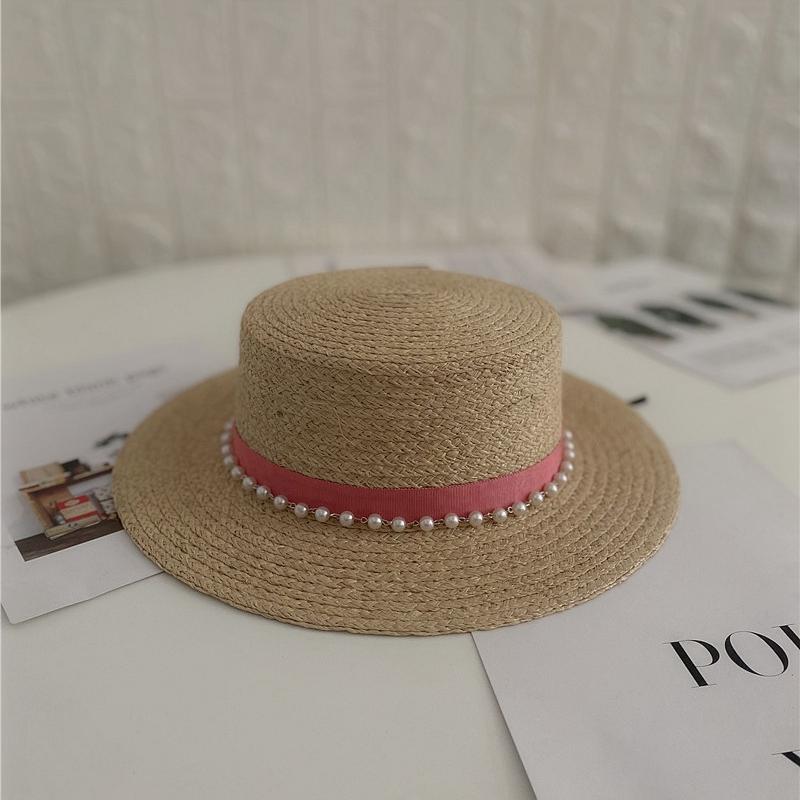 Vintage Pearl Flat Top Raffia Hat Women's Spring Summer Sun Protection Visor Hat Versatile Beach Hat Top Hat