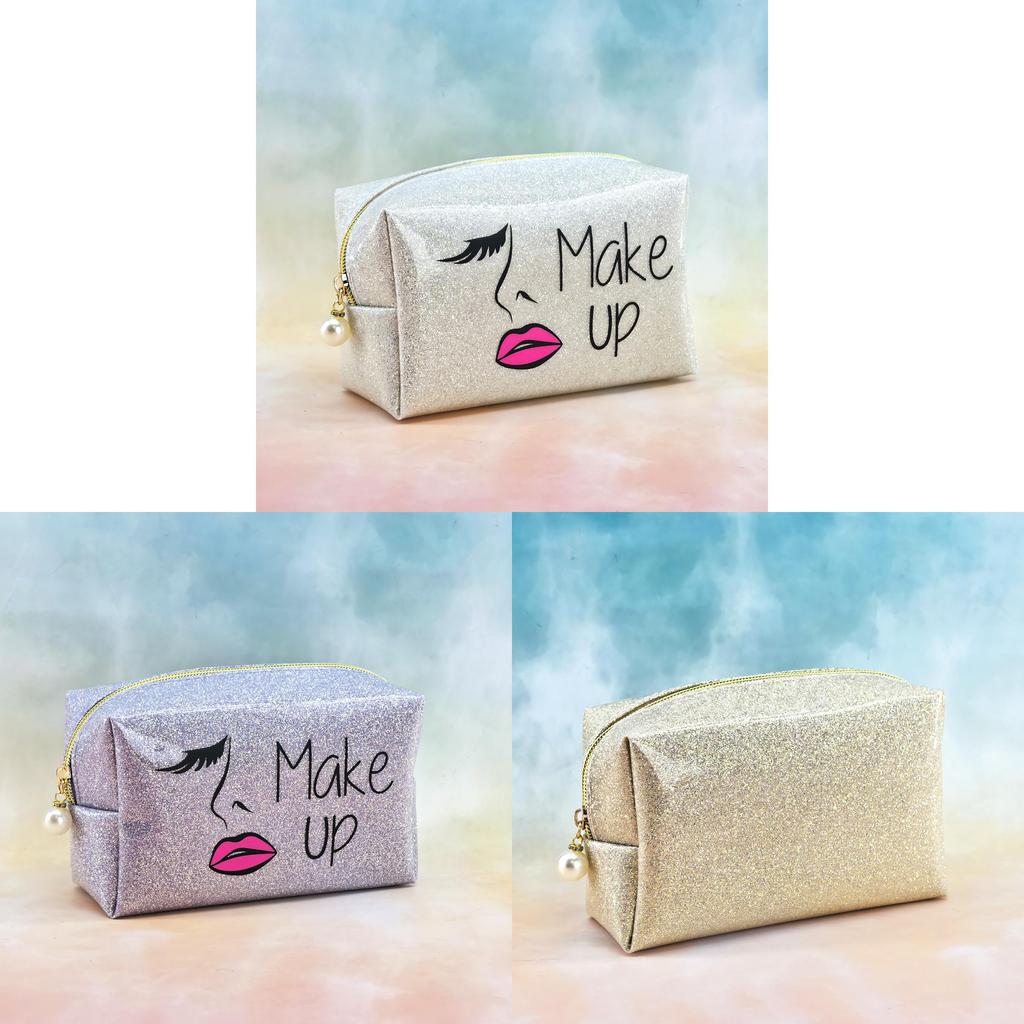 Pvc Glitter Makeup Bag With Character Print For Girls Travel And Storage