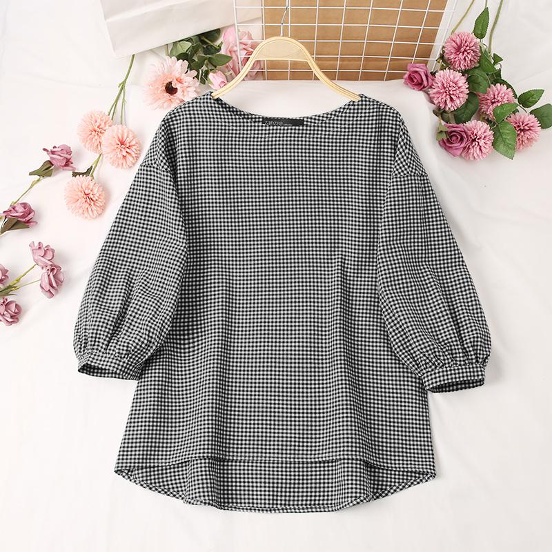 

ZANZEA Женская повседневная блузка с круглым вырезом и рукавами 3/4 в клетку с принтом S чёрный