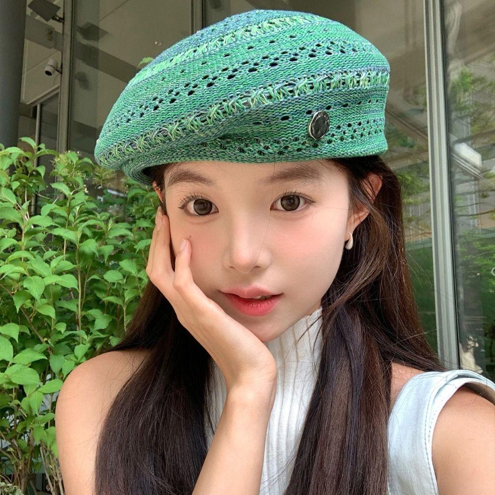 Vintage Hollowed Out Beret Hat Japanese Style Crochet Knitted Cap Elegant Weave Painter Hat  Spring