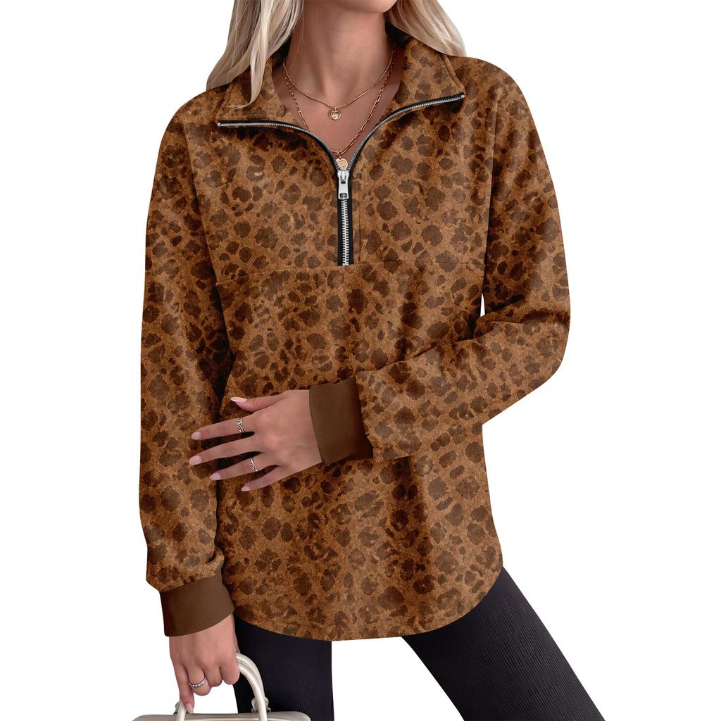 Women's Leopard Print Quarter-Zip Pullover Sweatshirt