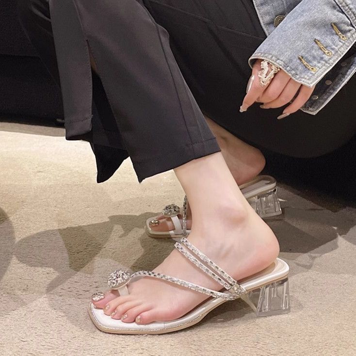Fashion cool slippers thick heel toe slippers fairy rhinestone cover toe slippers female summer wear 2025 autumn new