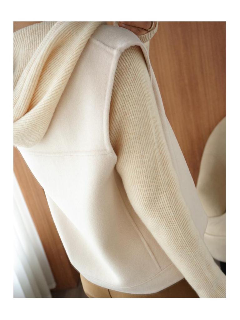 Women's Wool Blend V-Neck Vest: Petite Sleeveless Cardigan with Shoulder Pads, 100% Double-Faced Wool for Autumn & Winter.
