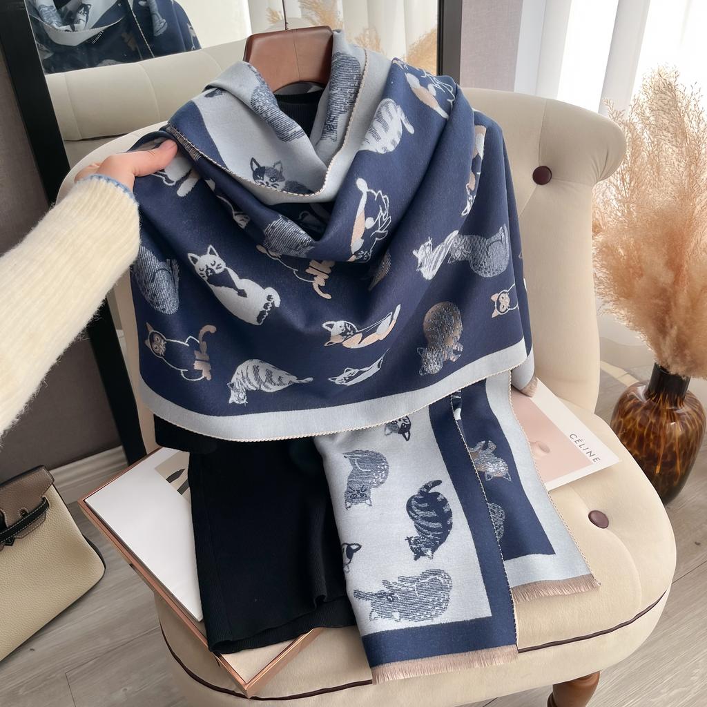 Luxury Winter Kitty Two-Sided Cashmere Jacquard Scarves High Quality Women Thicken Wrap Shawl Ladies Wool Pashmina Scarf