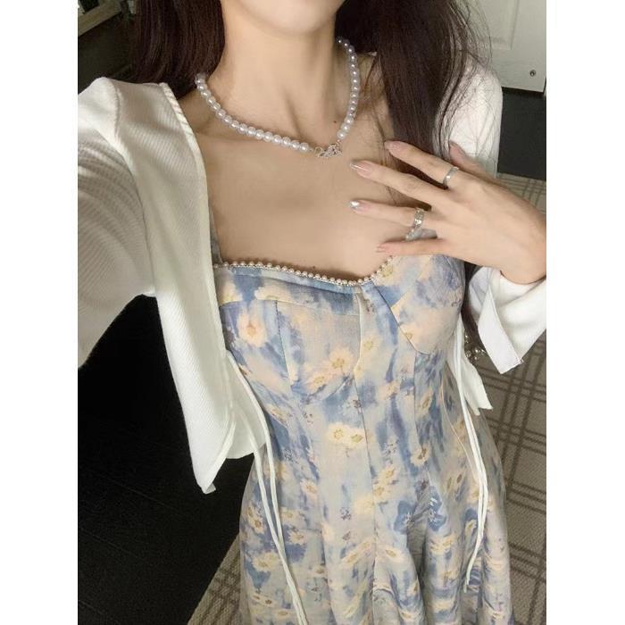 French blue oil painting floral suspender dress female summer 2026 new waist fairy texture long dress