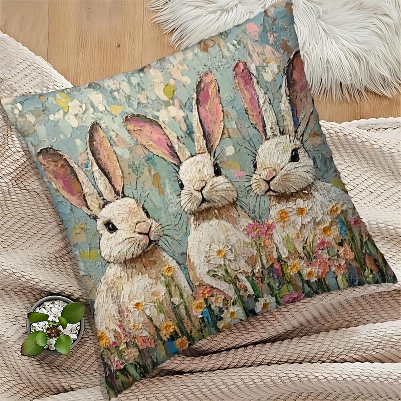 Rabbits And Flowers Cushion Covers Chair Living Room Pillowcase Cozy Zipper Sofa Pillow Covers Animal Bedroom Indoor Home Decor