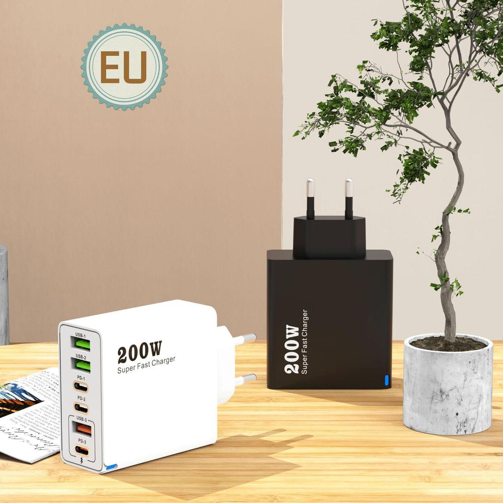 200W Multi-Port Charger - 3 USB & 3 PD Ports, Six-in-One Fast Charging for Phones (5V 2.4A), EU/US/UK Compatible