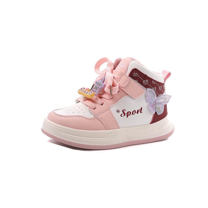 Girls velvet sports shoes fashion high-top board shoes spring and autumn 2025 new children's two cotton shoes medium and older children's casual shoes