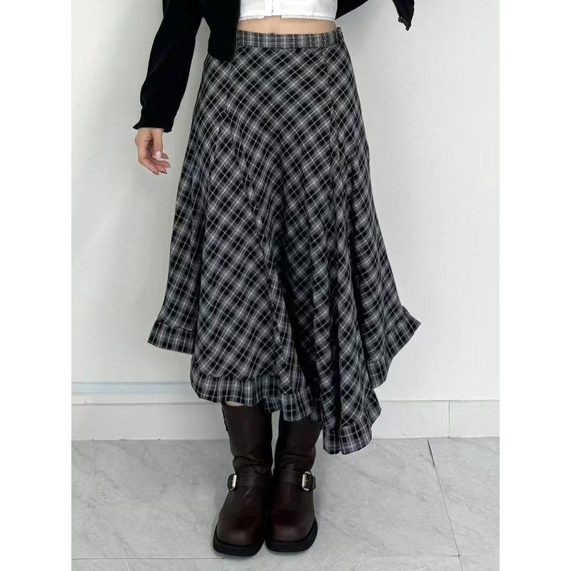 H's European and American Women's Clothing Street Retro Asymmetrical Plaid Skirt Niche Art Ruffles Skirt Mid-Length Skirt