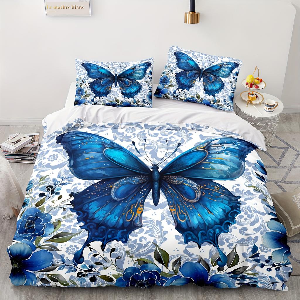 Zestaw poszewek na kołdrę z wzorem Błękitnego Lśniącego Motyla, 2/3 szt., Zmywalna poliestrowa poszewka na kołdrę, Miękka i wygodna do sypialni