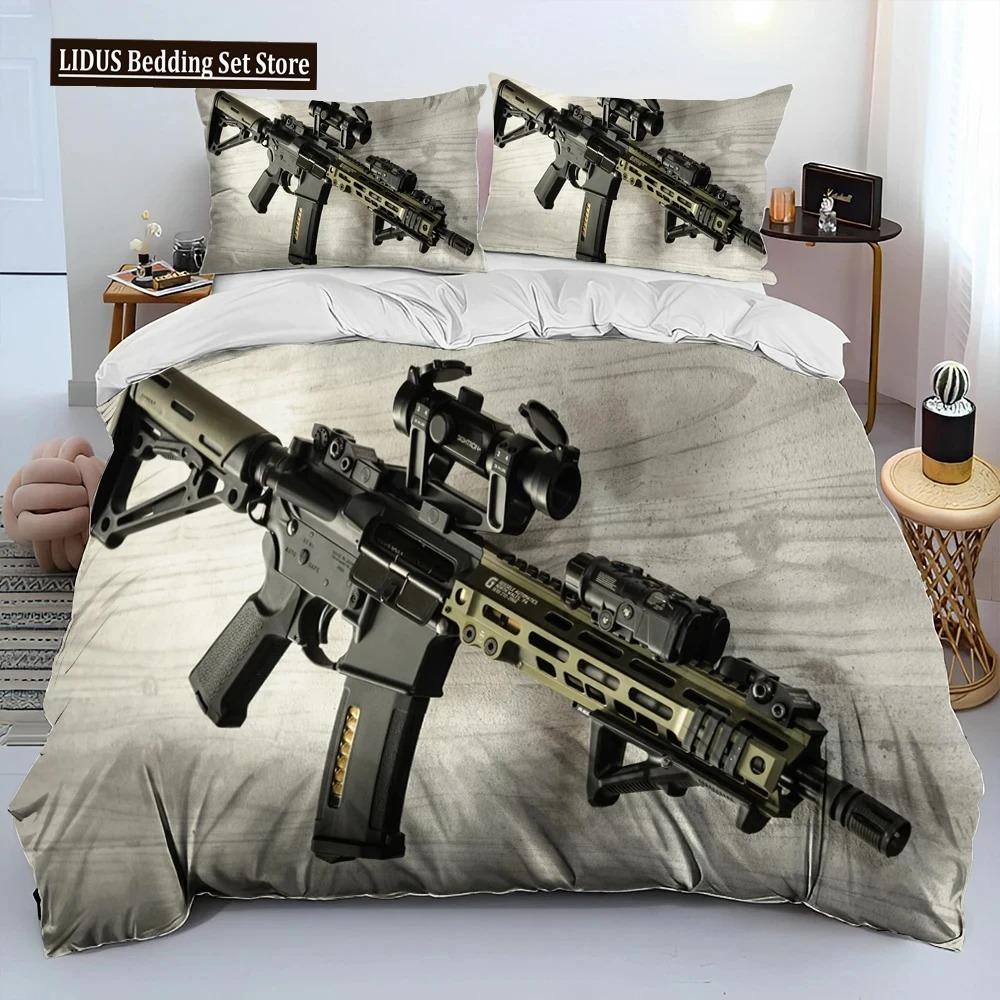 3D Gevär Revolver Patron Vapen Täckset Sängkläder, Påslakan Sängset Quiltöverdrag Örngott, King Queen Storlek Sängklädesset