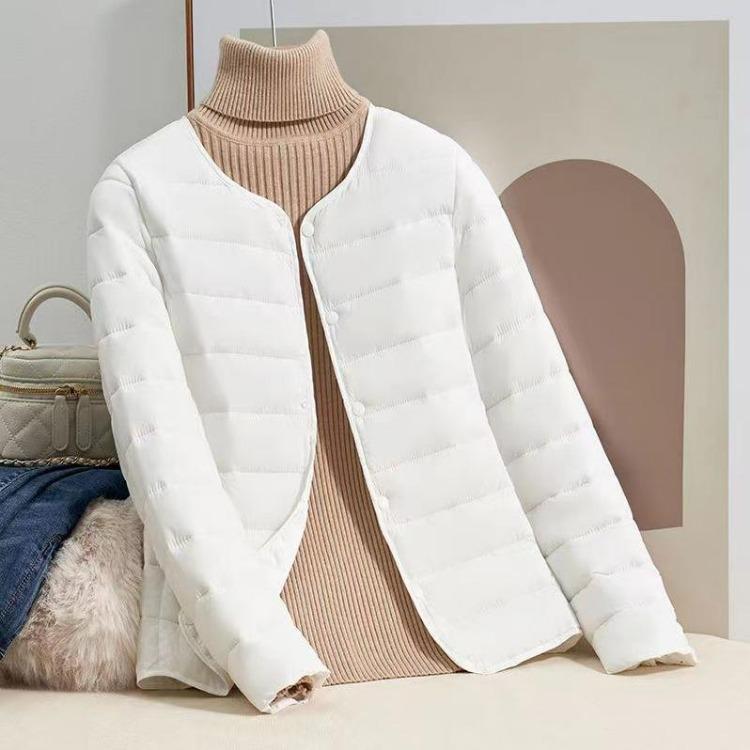 Leichte Daunen-Baumwolljacke für Damen Herbst Winter Vielseitig zum Layering Kurz Rund V-Ausschnitt