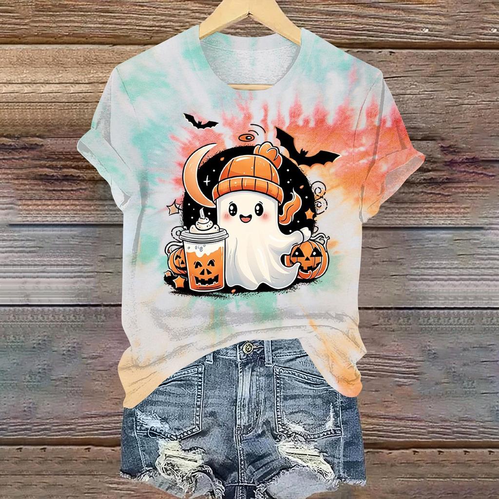 Ladies' Casual Halloween Printed Round Neck Short Sleeved T-Shirt